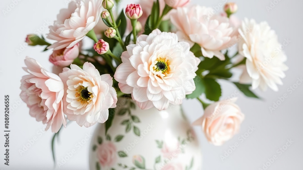 Obraz premium A close-up of a delicate, hand-painted ceramic vase filled with pastel-colored flowers, ceramics, floral arrangements, oil painting