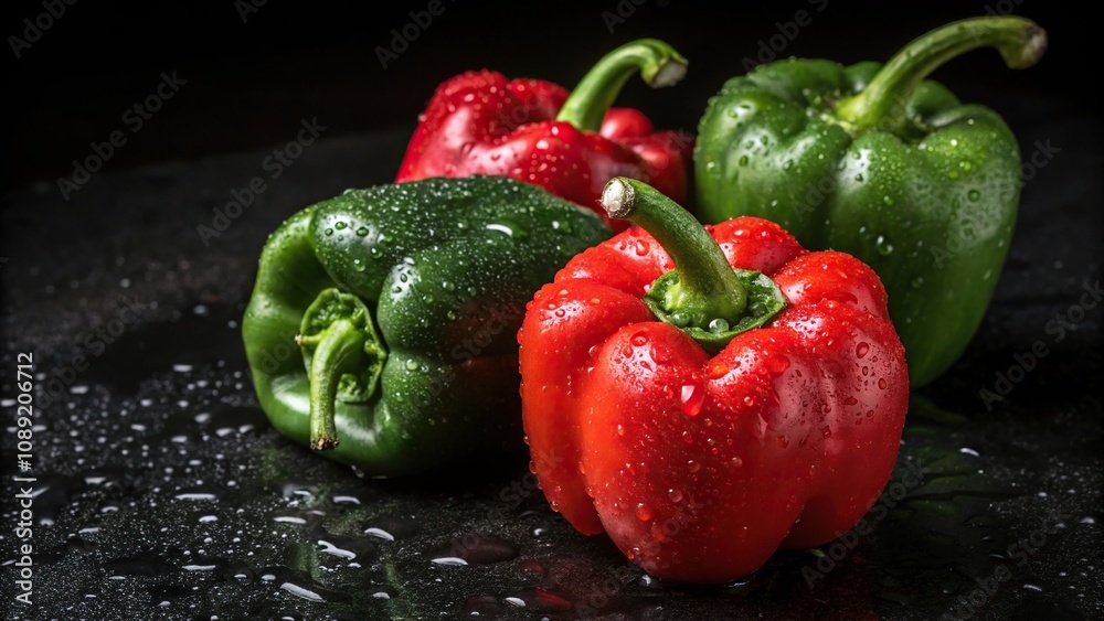 A cluster of bright red and emerald green bell peppers are illuminated with tiny water droplets on a dark background, food photography, bell pepper A cluster of bright red and emerald green bell peppers are illuminated with tiny water droplets on a dark background, food photography, bell pepper