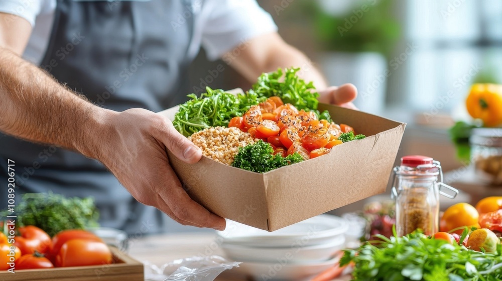 Freshly prepared nutritious and colorful vegetable based meal in a takeout food container showcasing a balanced and healthy culinary concept Freshly prepared nutritious and colorful vegetable based meal in a takeout food container showcasing a balanced and healthy culinary concept