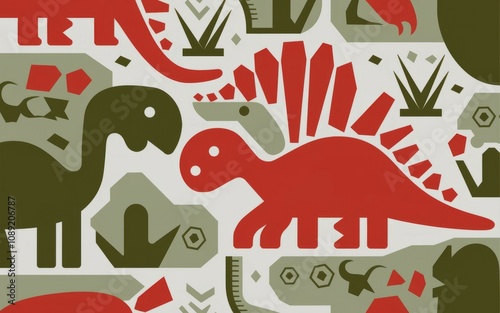 Fototapeta Naklejka Na Ścianę i Meble -  Prehistoric dinosaurs pattern. Colorful dinosaur illustration.  A playful prehistoric scene evokes a sense of wonder and adventure.