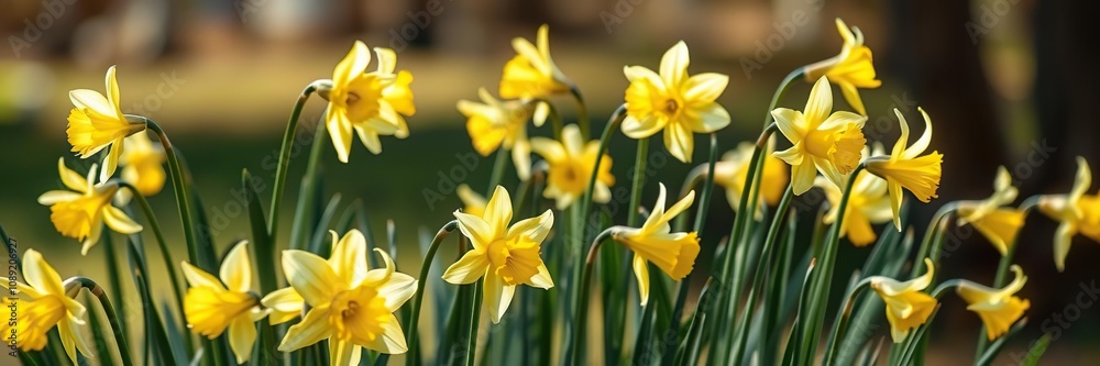 A cluster of daffodils swaying in the breeze, airy, gentle A cluster of daffodils swaying in the breeze, airy, gentle