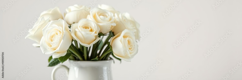 Obraz premium A cluster of pure white roses fills a dainty, porcelain-like ceramic mug-style vase, adding a touch of sophistication to any room, delicate blooms, porcelain mug vase, minimalist style