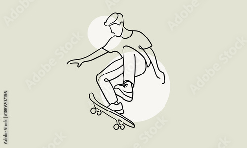 Young cool skateboarder skating in cap, continuous line art drawing isolated on green background with white shape. Extreme teenager sport. Vector illustration