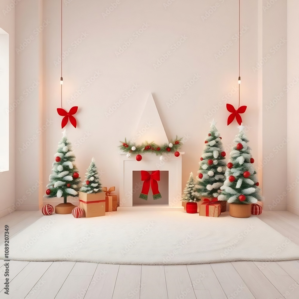 Christmas Fireplace Decor with Decorated Trees and Presents Christmas Fireplace Decor with Decorated Trees and Presents
