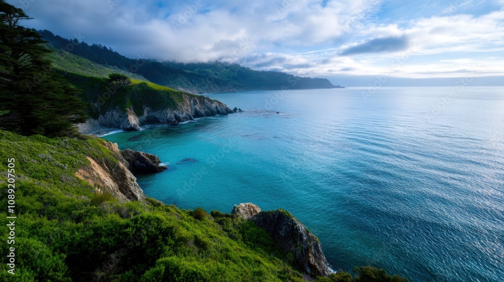 serene coastal landscape with clear blue waters and lush greenery serene coastal landscape with clear blue waters and lush greenery