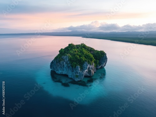 serene island landscape with lush greenery and calm waters at sunset