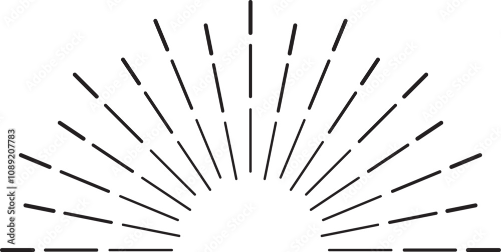 Sunburst design element featuring radial lines emanating from a central point, forming a half circle shape with short horizontal lines at the base Sunburst design element featuring radial lines emanating from a central point, forming a half circle shape with short horizontal lines at the base