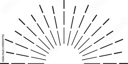 Sunburst design element featuring radial lines emanating from a central point, forming a half circle shape with short horizontal lines at the base