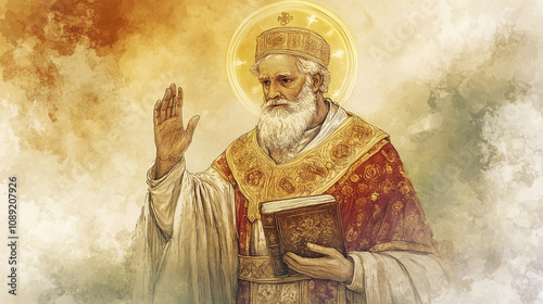 Illustration of a saintly figure with a halo, holding a book and blessing gesture, in a spiritual and ethereal setting