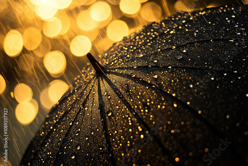 Concept photography. A close-up of an umbrella in the rain, with water droplets splashing and dripping off its surface, creating a dynamic display of nature's power. Digital art. photo