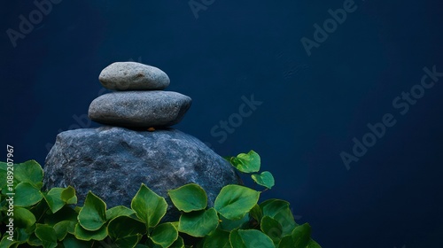 A stack of three grey stones atop a larger rock against a blue wall with green foliage in the foreground. photo