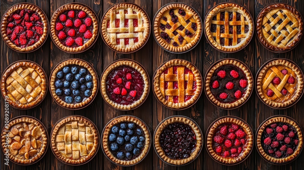 Fototapeta premium Pie Counter with Fruit Pies in Vintage Tins