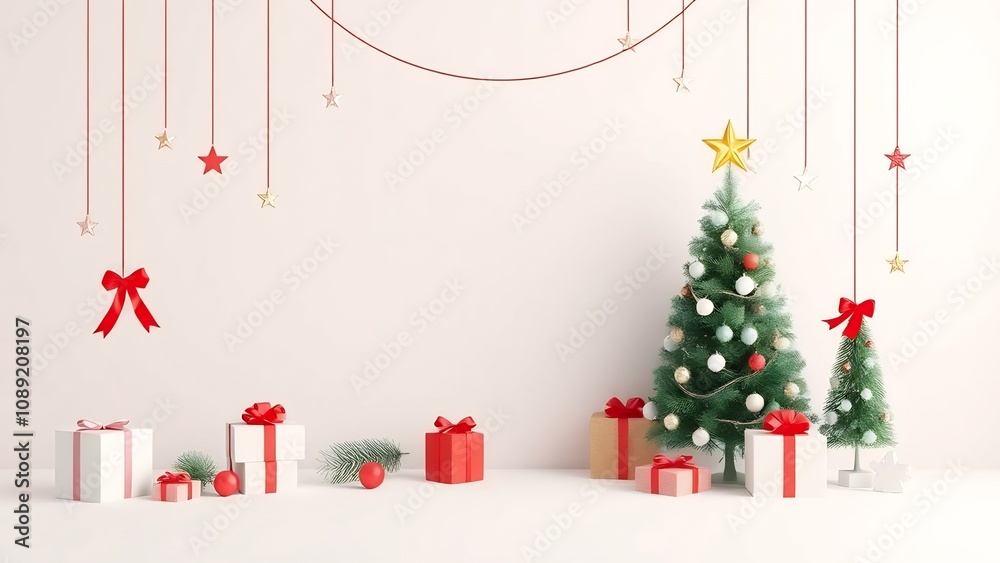 Christmas Tree and Gift Boxes with Red String Lights Decor on White Background Christmas Tree and Gift Boxes with Red String Lights Decor on White Background