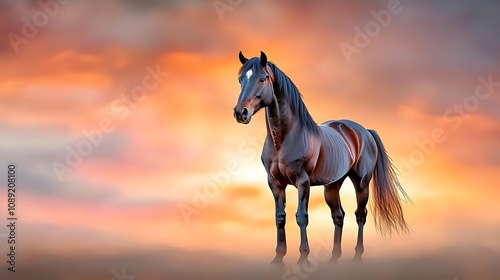 A majestic dark horse with a glossy coat stands proudly against a vibrant orange and pink sunset, the powerful silhouette creating a striking contrast against the colorful sky.