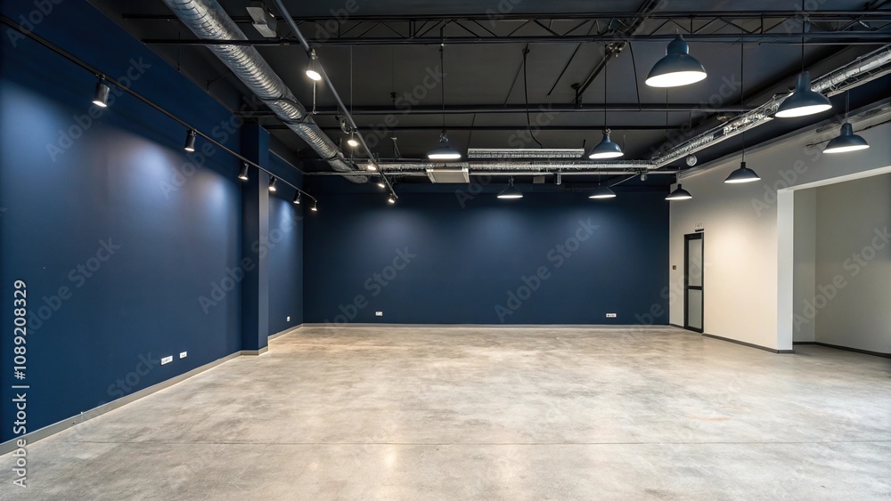A dark blue wall sets the tone for a modern interior with an exposed concrete floor and industrial-style lighting, urban vibe, modern decor, sleek lighting fixtures A dark blue wall sets the tone for a modern interior with an exposed concrete floor and industrial-style lighting, urban vibe, modern decor, sleek lighting fixtures