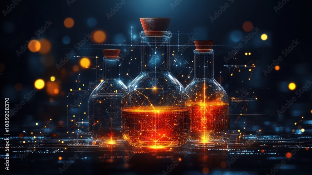 A Stunning Visualization of Scientific Glass Beakers with Illuminated Liquid and Futuristic Background, Perfect for Research, Technology, or Laboratory Themes A Stunning Visualization of Scientific Glass Beakers with Illuminated Liquid and Futuristic Background, Perfect for Research, Technology, or Laboratory Themes