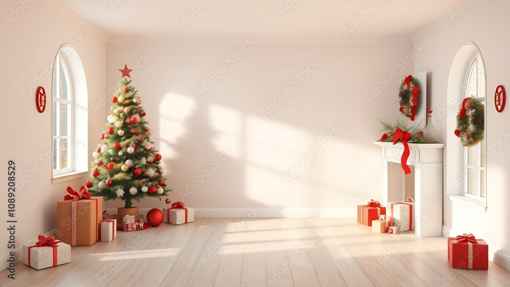 Christmas Room with Decorated Tree and Fireplace Christmas Room with Decorated Tree and Fireplace