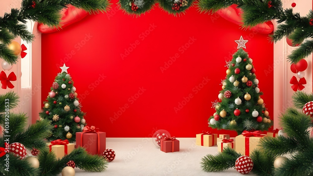 Christmas Trees and Presents Against a Red Background
