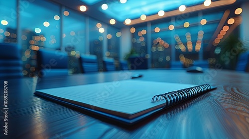 Blank Spiral Notebook on a Conference Table in a Modern Office at Night