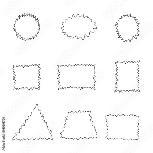 A set of spiky abstract black frames hand-drawn with a marker line, comic style, doodle, vector. Decorative blank element for decoration, design with text. A speech bubble, a dialog box with sharp 
