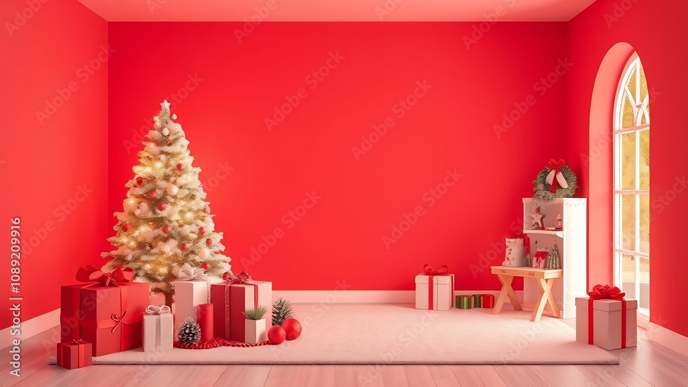 Red Christmas Room with Decorated Tree and Gifts Red Christmas Room with Decorated Tree and Gifts