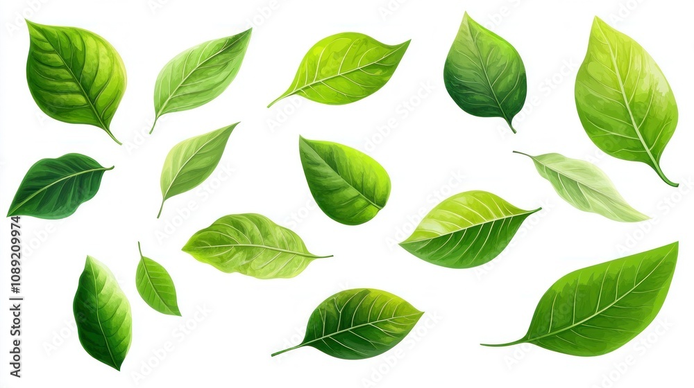 Naklejka premium Green leaves on white background, ideal for nature themes. Nature simplicity.
