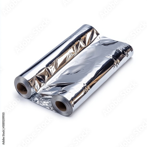 Two rolls of shiny aluminum foil stacked together, typically used for wrapping food, cooking, and preserving freshness. photo