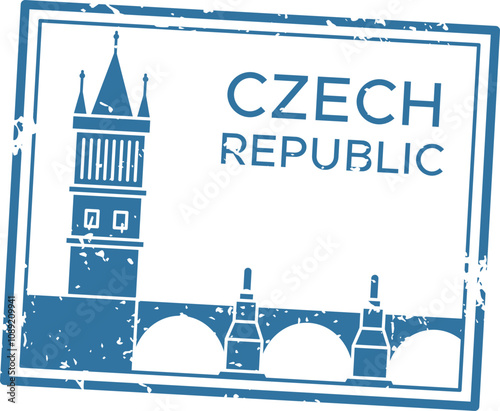 Blue ink grunge rubber stamp represents czech republic featuring iconic charles bridge and old town bridge tower, symbolizing tourism, travel, and cultural heritage