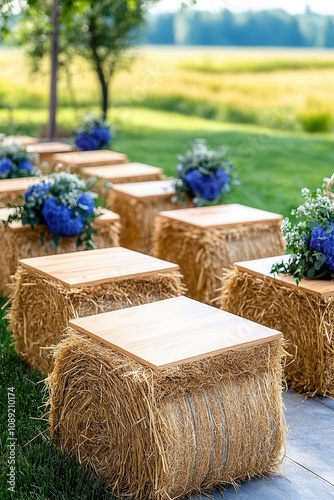 Rustic outdoor wedding with hay bales for seating close up, rustic theme, realistic, Multilayer, barnyard setting backdrop photo