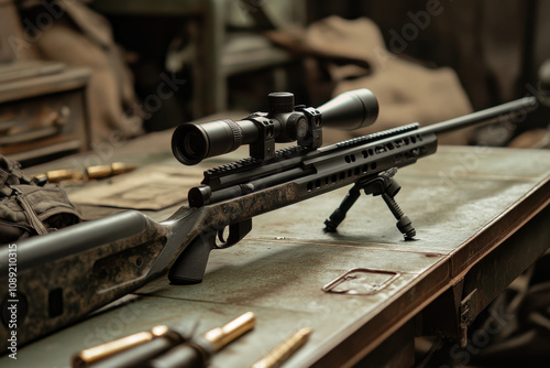 Precision rifle with scope on a rustic workshop table, surrounded by bullet casings, creating a rugged and tactical atmosphere with warm lighting. photo