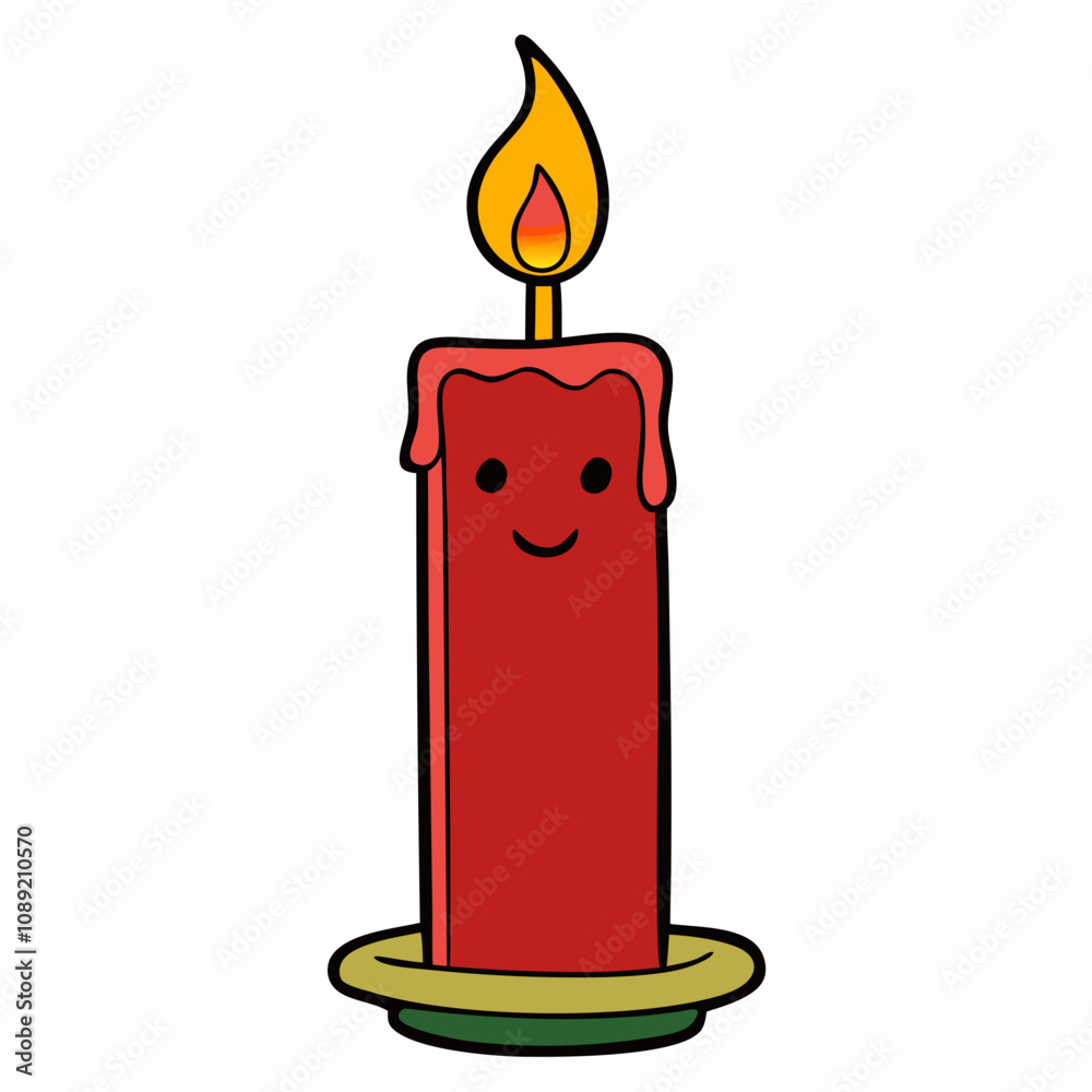 Cheerful red candle with smiling face and flame on holiday plate Cheerful red candle with smiling face and flame on holiday plate