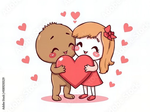 cartoon of a girl and a bear hugging each other with hearts. photo