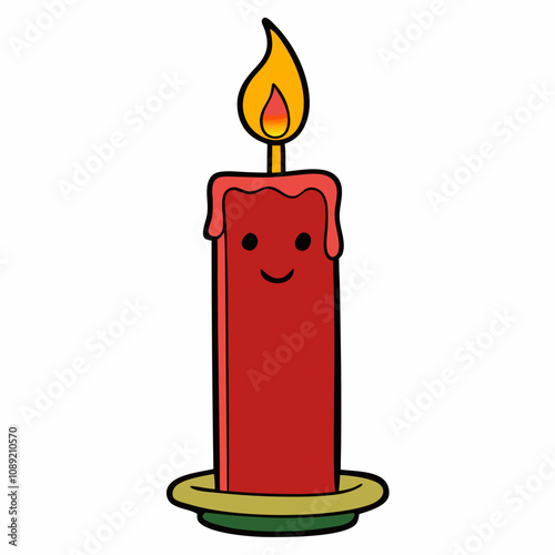 Cheerful red candle with smiling face and flame on holiday plate