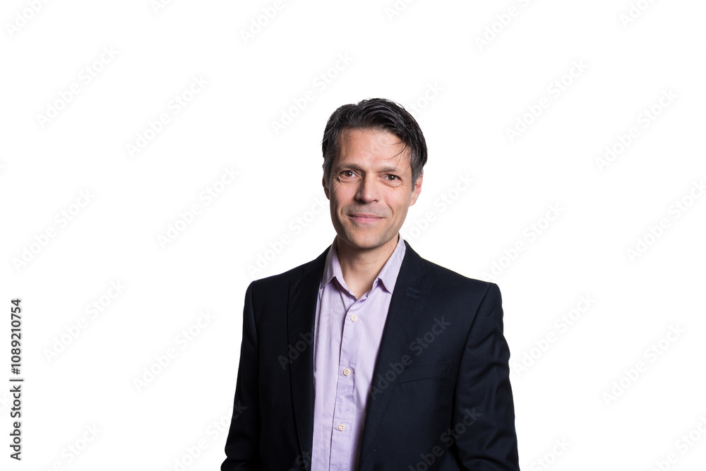 Middle-aged man smiling at the camera, on white background, wearing formal clothes. Middle-aged man smiling at the camera, on white background, wearing formal clothes.