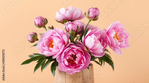 A grouping of pink peonies in different stages of bloom in a distressed wood vase against a warm beige background, pinkpeonies, naturalelements photo