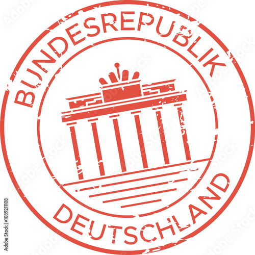 Red ink grunge rubber stamp depicting brandenburg gate, a famous landmark in berlin, germany, symbolizing travel, tourism, and german culture