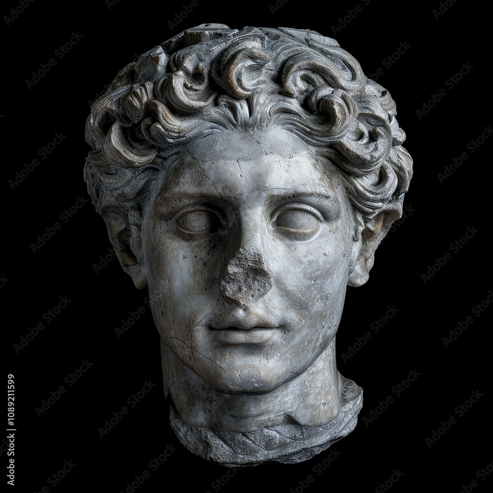 Noble Roman statue head on black background. Noble Roman statue head on black background.