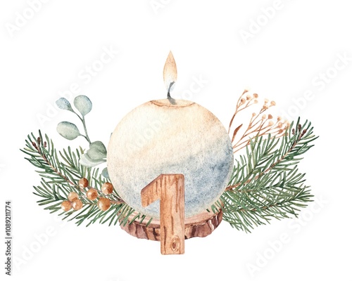 First Advent, Christmas Candle Composition with Winter plants. Fir Branches, Eucalyptus, Pine Cone and Wooden Number one. Hand drawn Botanical illustration isolated on white background.