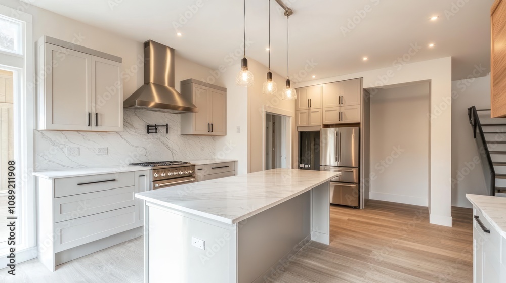 Modern kitchen with sleek design, featuring an island and stainless steel appliances. Modern kitchen with sleek design, featuring an island and stainless steel appliances.