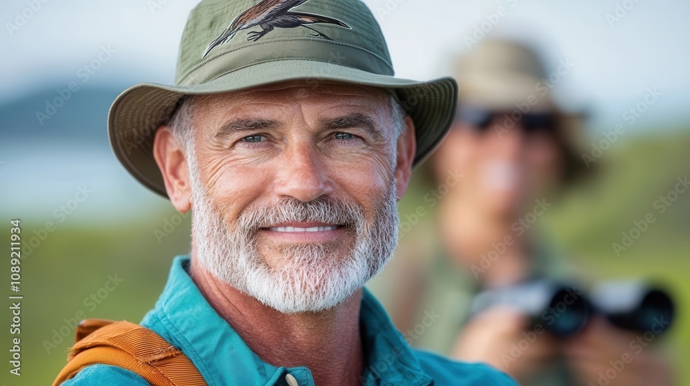 Mature bearded man with a positive and happy expression exploring the great outdoors with binoculars in hand enjoying the scenic landscape and wildlife during an adventure or leisure activity