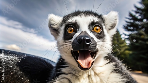 a close up of a lemur with its mouth open