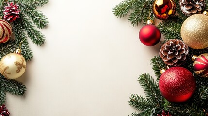 Festive background with Christmas decorations and fir