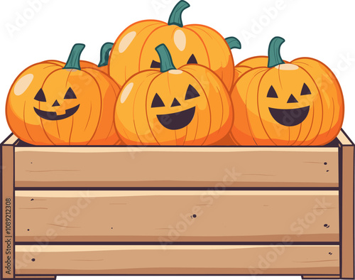 Decorative pumpkins in a wooden crate ready for Halloween cartoon isolated on transparent background. Vector illustration.