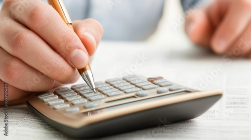 leasing asset valuation concept, A hand holds a pen while calculating numbers on a calculator, illustrating financial tasks or accounting activities.