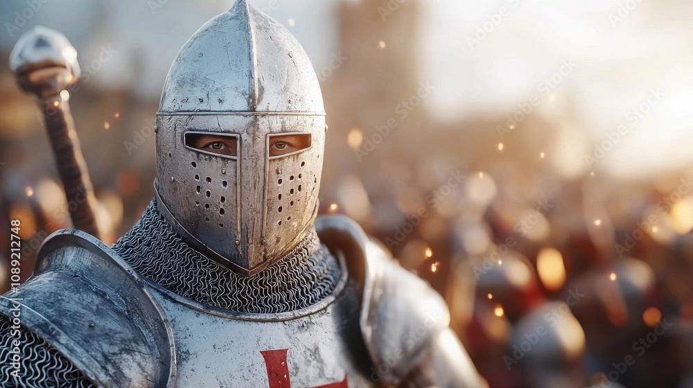 Valiant Medieval Knight in Gleaming Armor Wielding Sword and Shield on Battlefield Defending Castle or Fortress During Intense Historical Battle or Conflict Valiant Medieval Knight in Gleaming Armor Wielding Sword and Shield on Battlefield Defending Castle or Fortress During Intense Historical Battle or Conflict