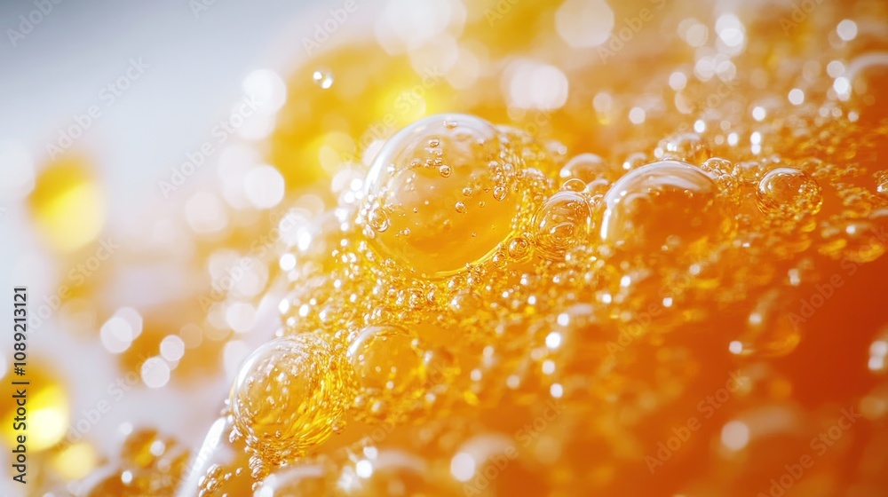 Close-up of golden bubbles in liquid. Close-up of golden bubbles in liquid.