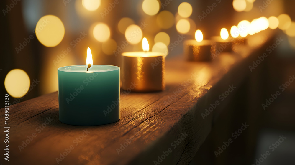 Teal and gold candles burning on wood with warm bokeh lights in the background Teal and gold candles burning on wood with warm bokeh lights in the background