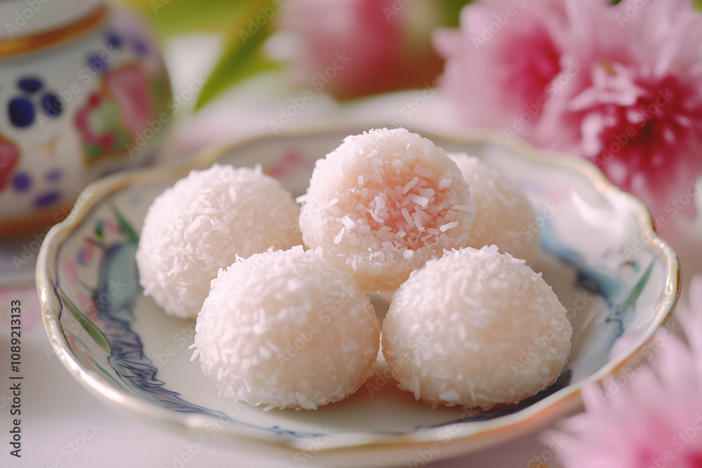 sticky rice taro mochi, Japanese dessert on a tray sticky rice taro mochi, Japanese dessert on a tray