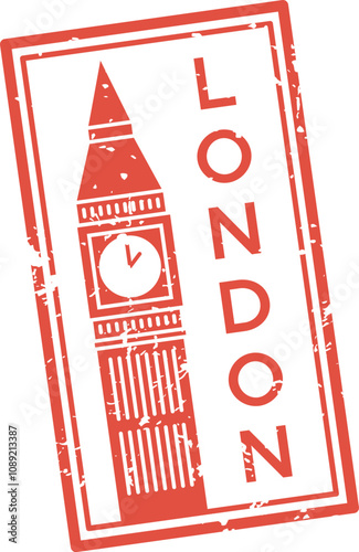 Vibrant red ink grunge rubber stamp with london and big ben, ideal for travel themed projects. Evokes adventure in london, known for rich culture and stunning architecture