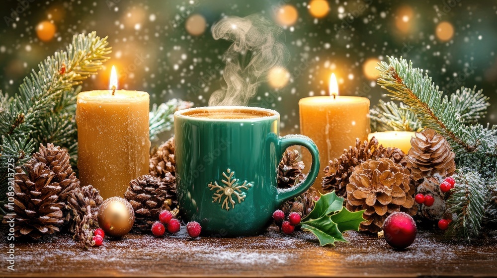 A coffee cup with steam rising placed on a rustic wooden counter surrounded by Christmas decorations like pinecones, candles, and holly.